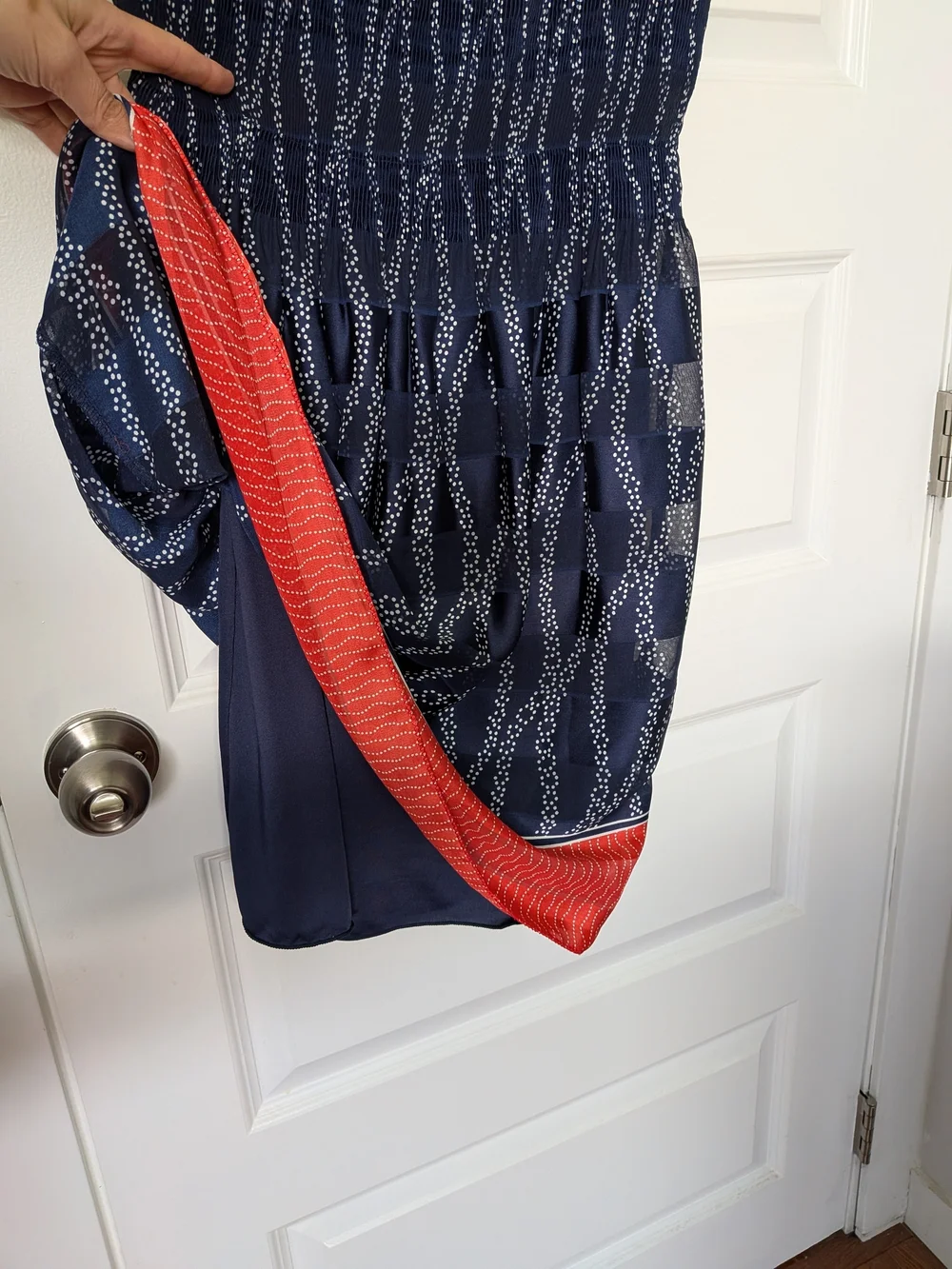 Navy Printed Cap-Sleeve Dress with Coral Hem - Picture 6 of 9